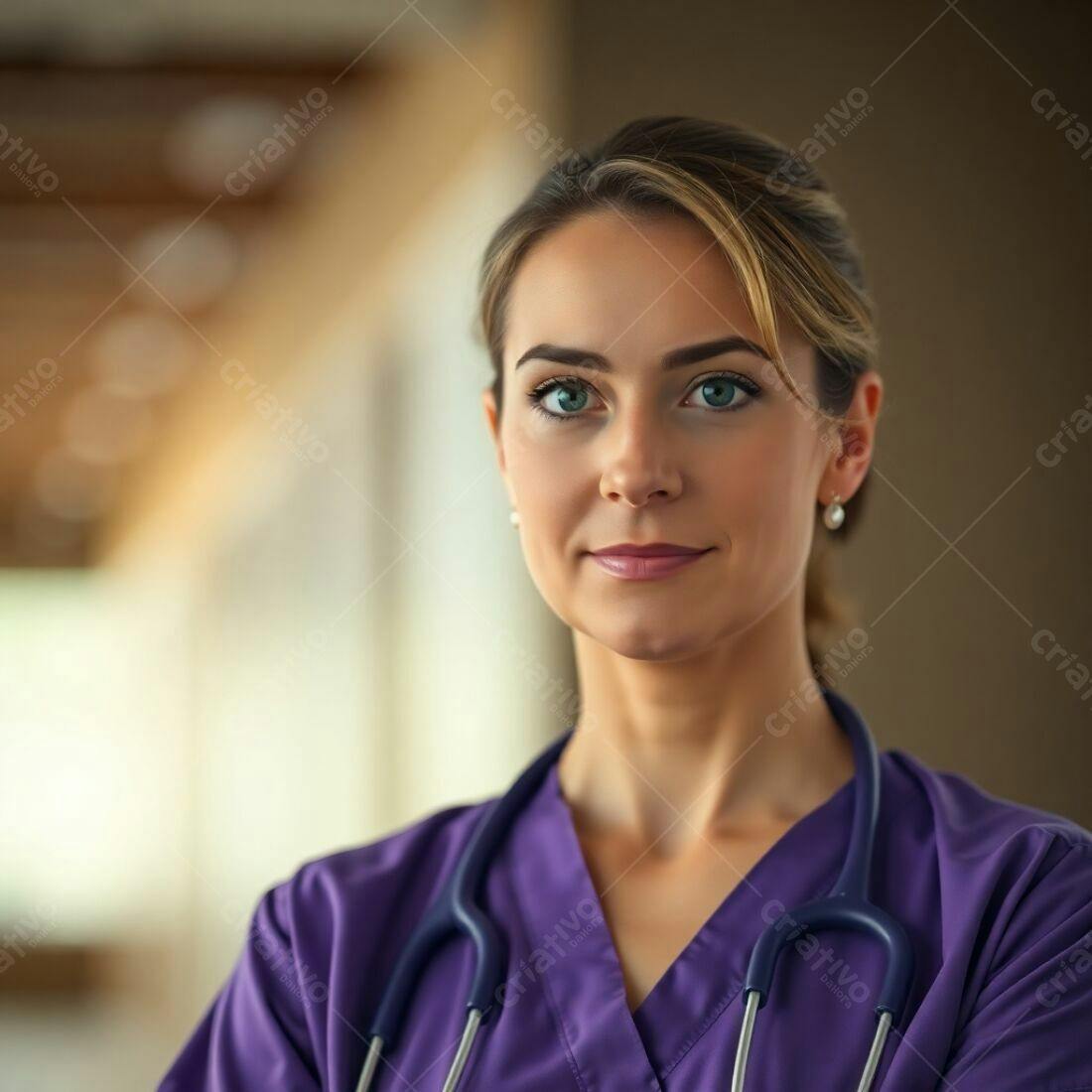 Médica confiante em uniforme roxo