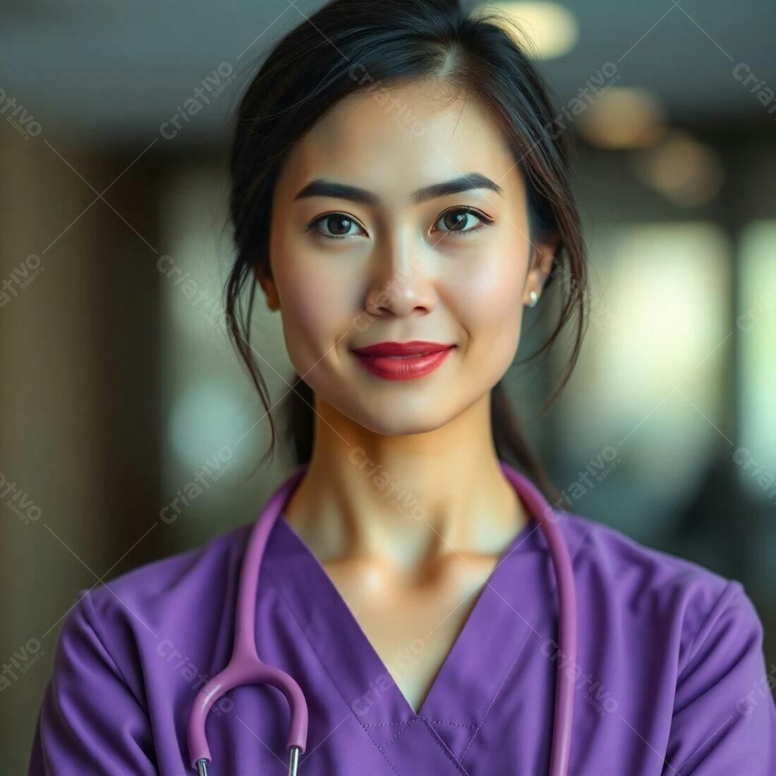 Médica asiática sorridente com estetoscópio roxo