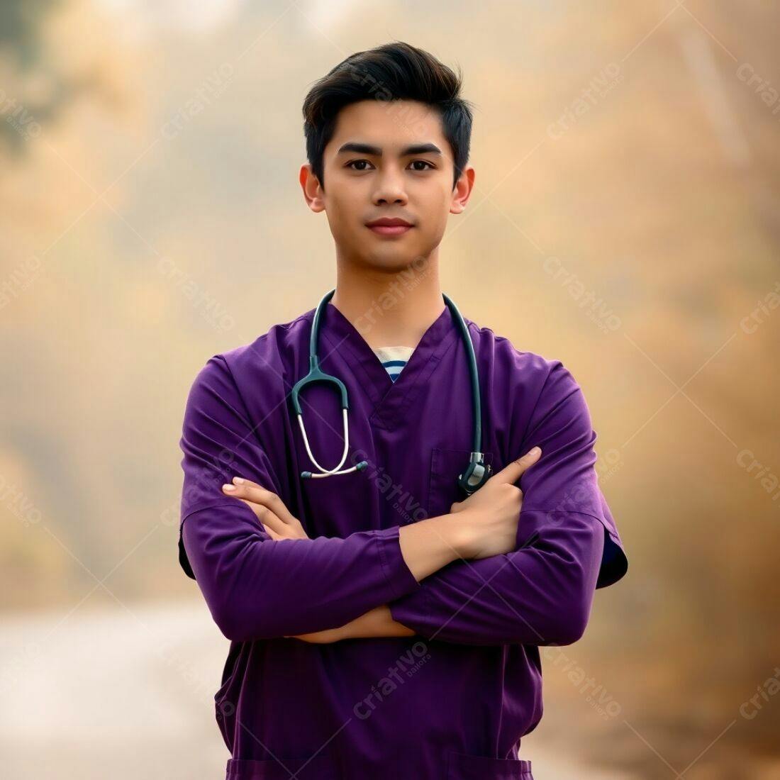 Homem asiático médico uniforme roxo braços cruzados