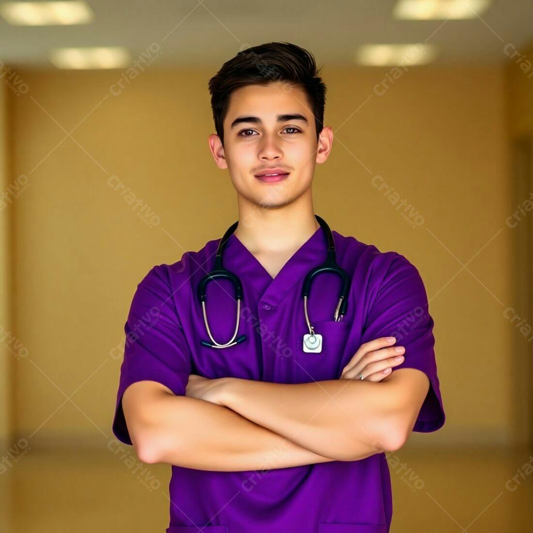 Médico jovem de uniforme roxo