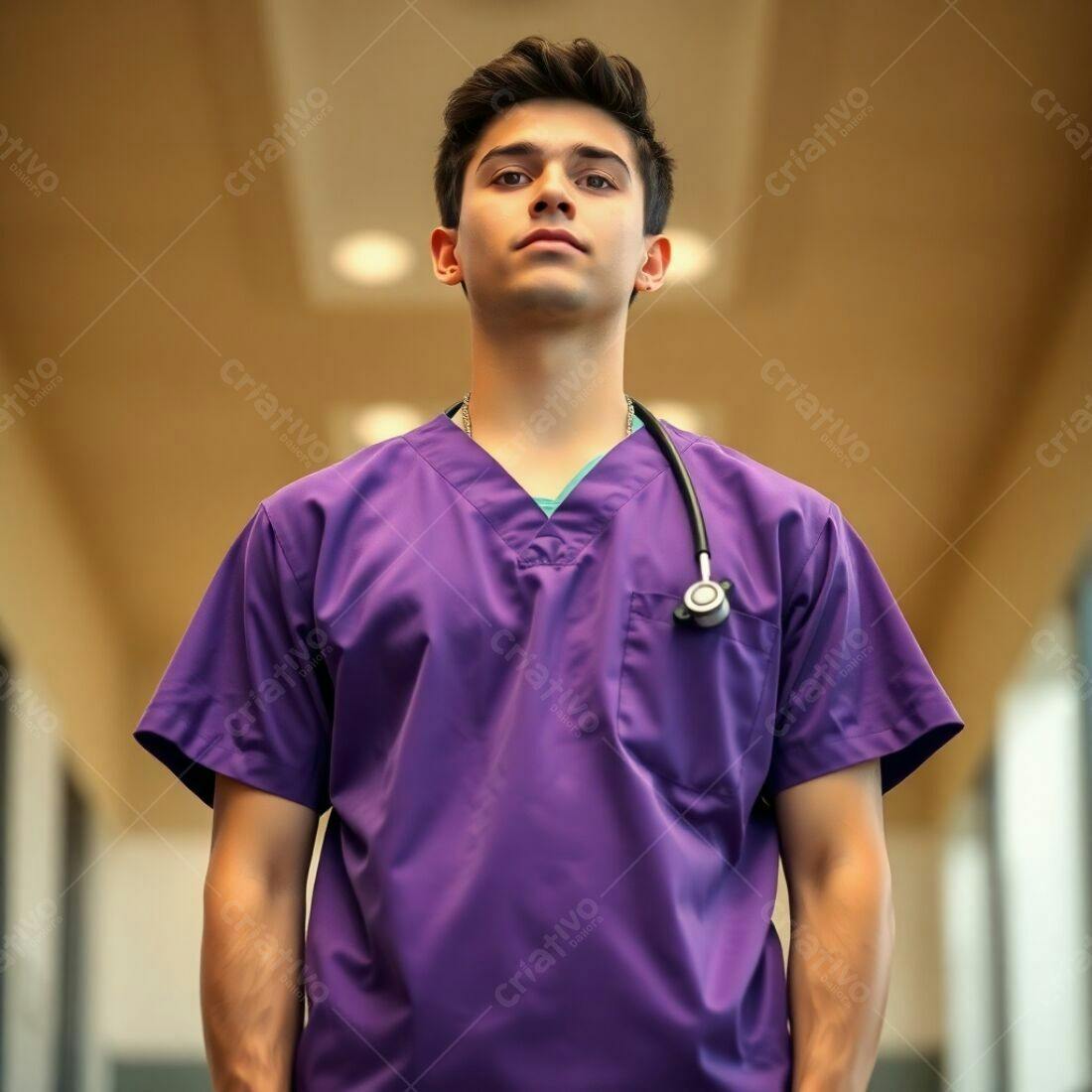 Homem jovem enfermeiro uniforme roxo hospital