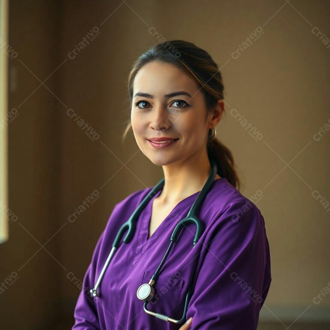 Médica sorridente com estetoscópio roxo