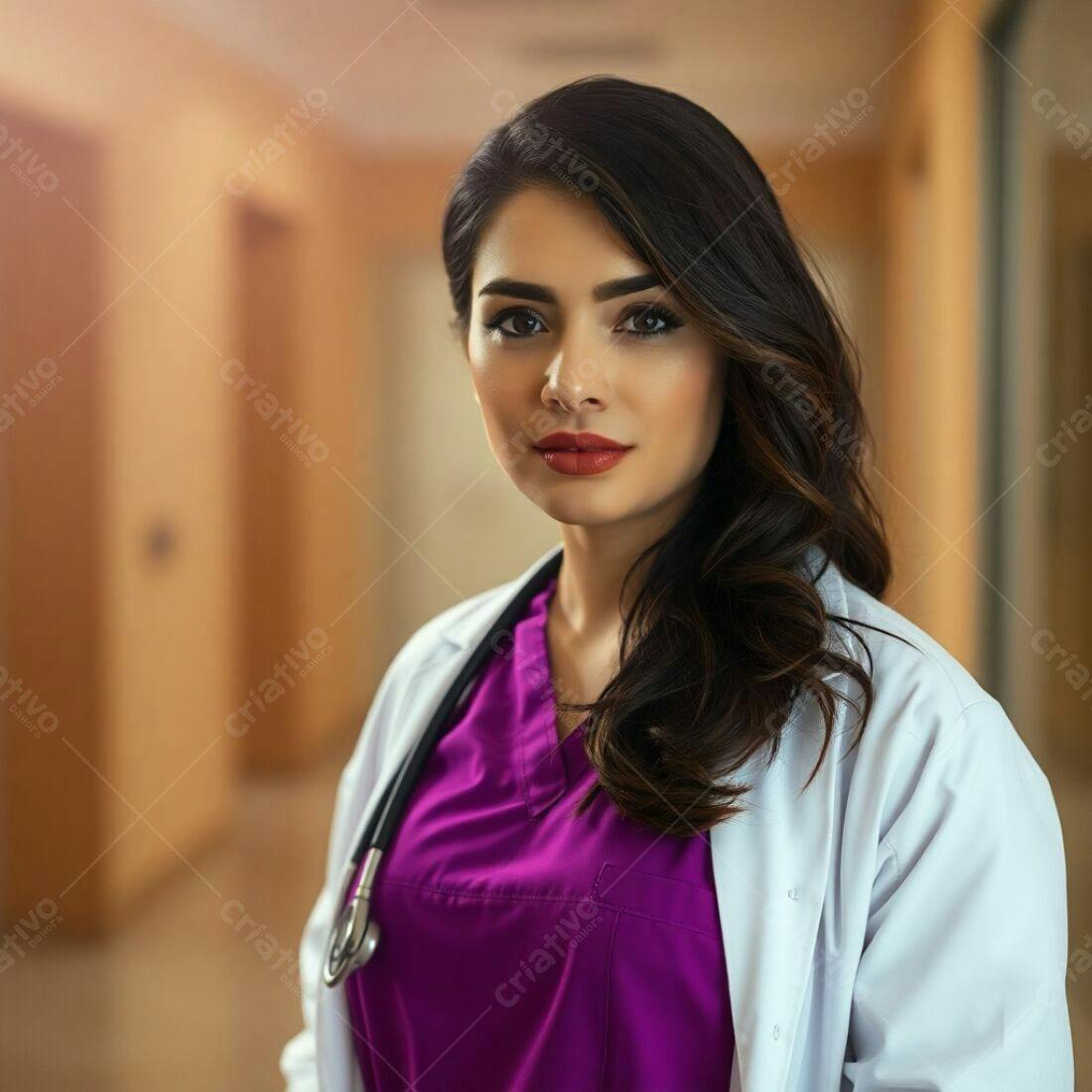 Médica com jaleco branco e uniforme roxo