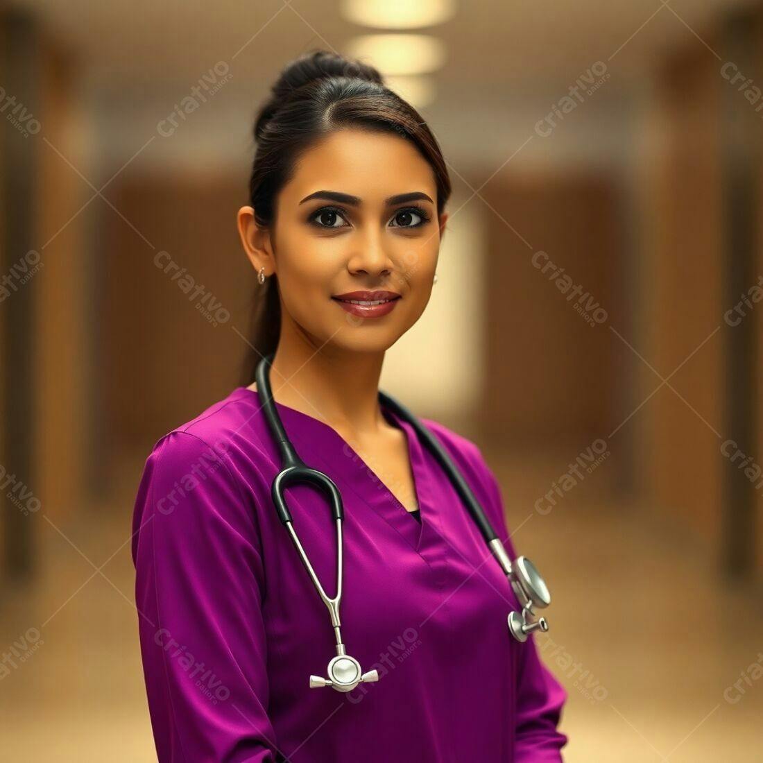 Médica sorridente com estetoscópio roxo