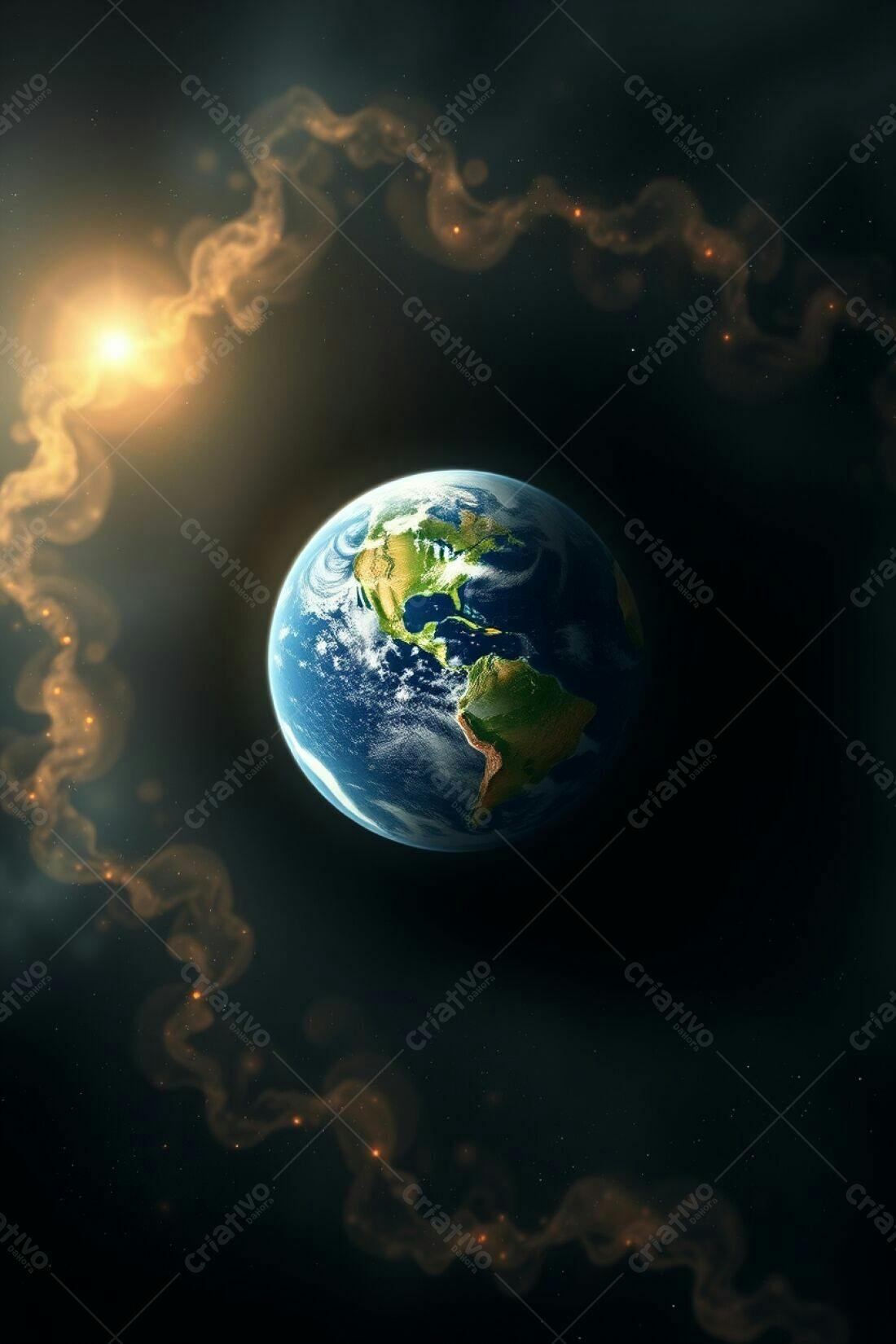 Planeta Terra visto do espaço com nebulosa