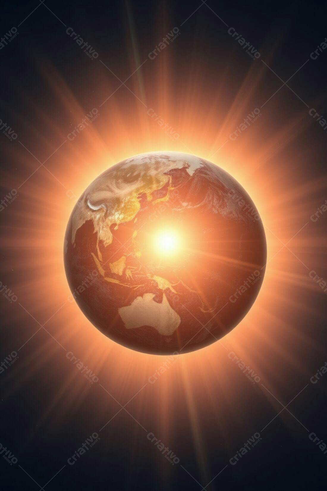Planeta Terra em tons alaranjados com brilho intenso