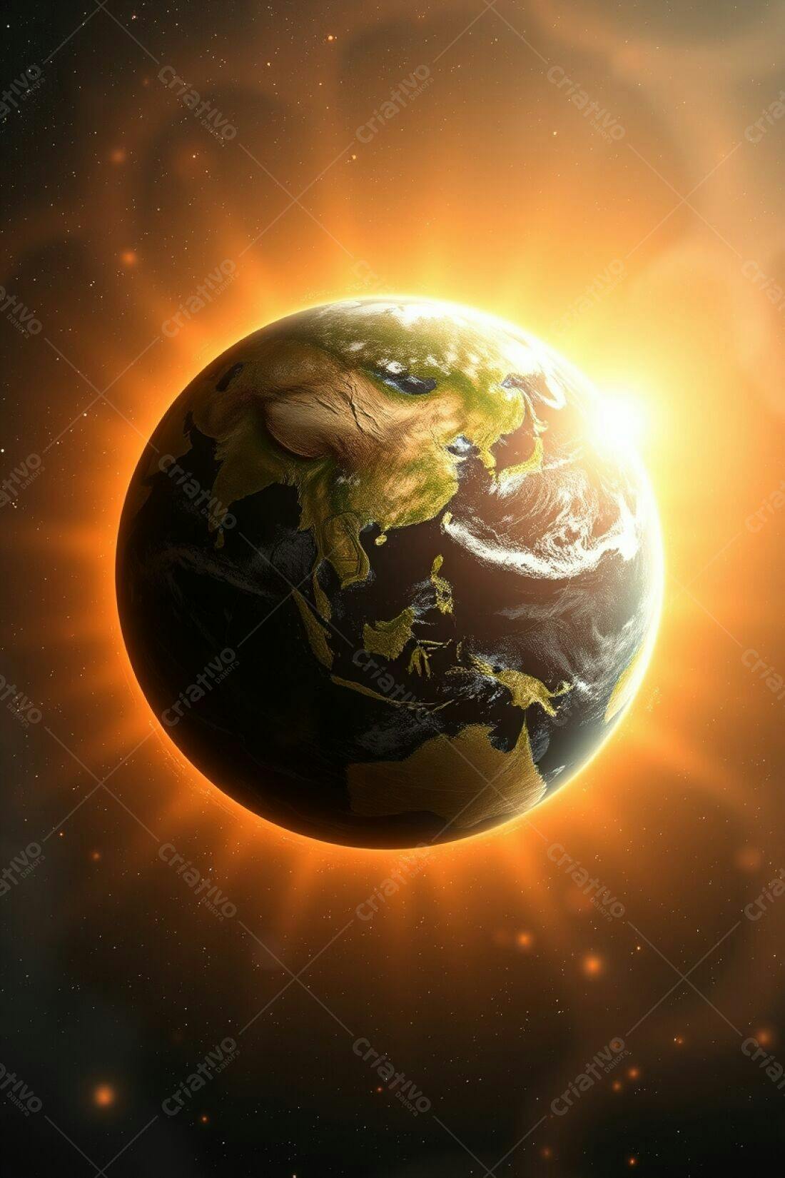 Planeta Terra com luz dourada espacial