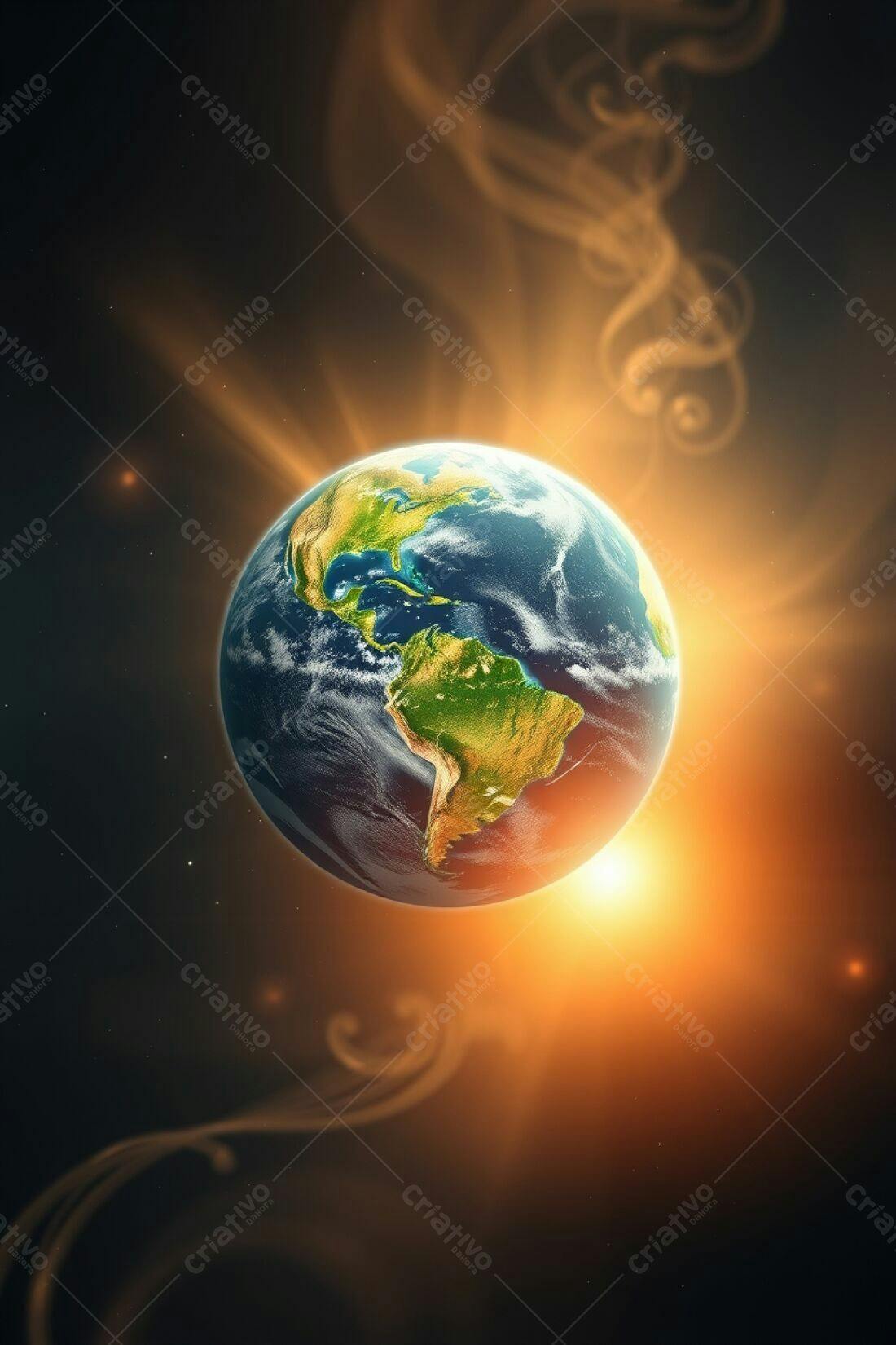 Planeta Terra com Sol Nascente e Nuvens Cósmicas