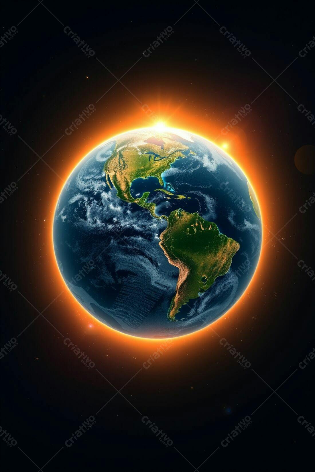 Planeta Terra nascente com brilho laranja