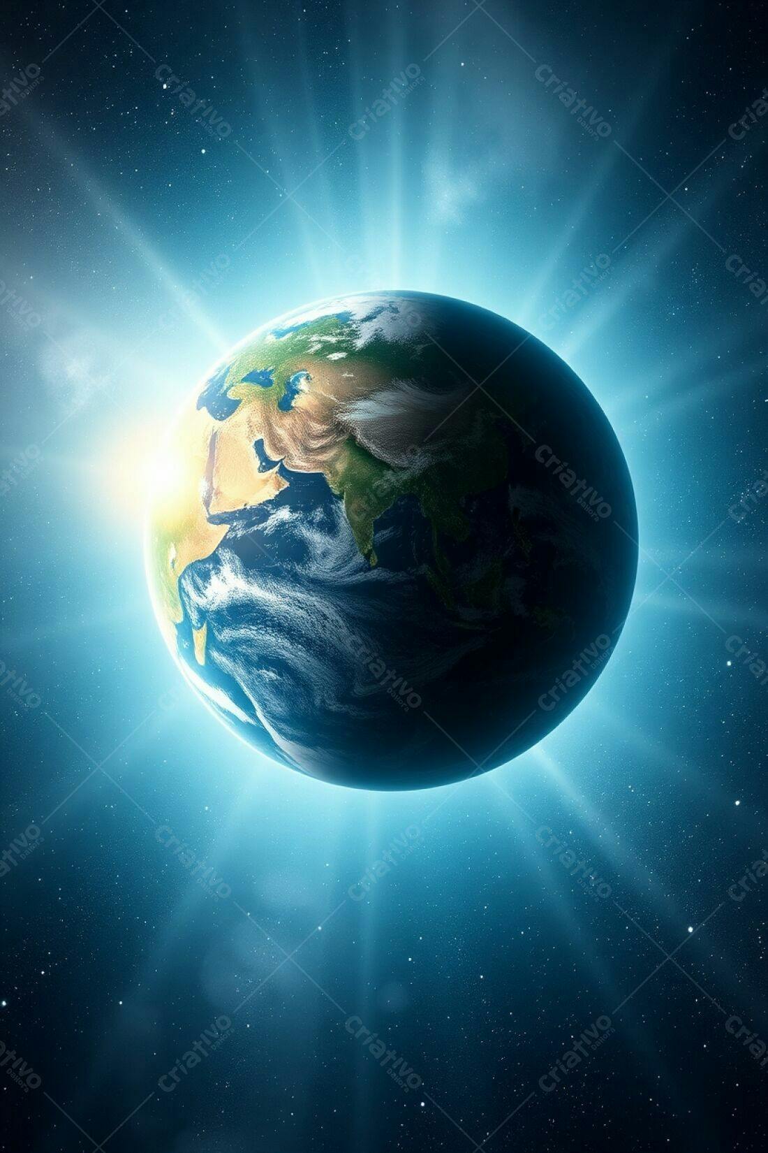 Planeta Terra vista do espaço com raios de luz