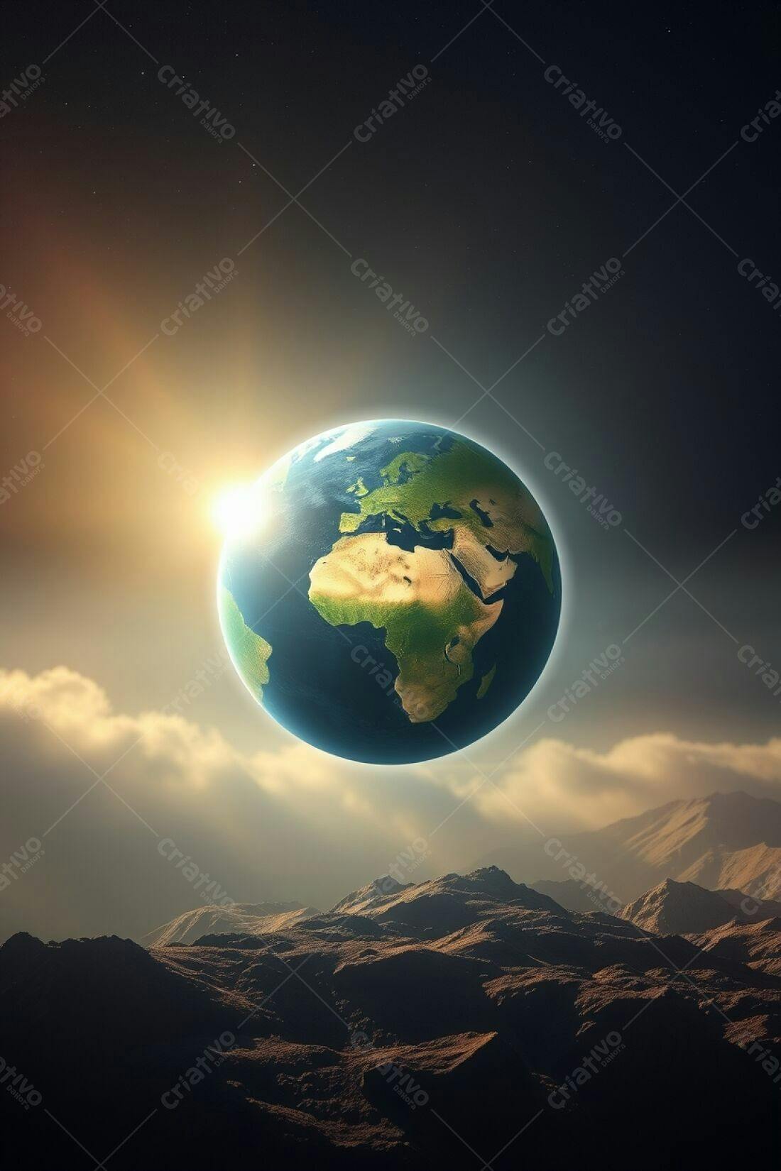 Planeta Terra sobre montanhas ao amanhecer