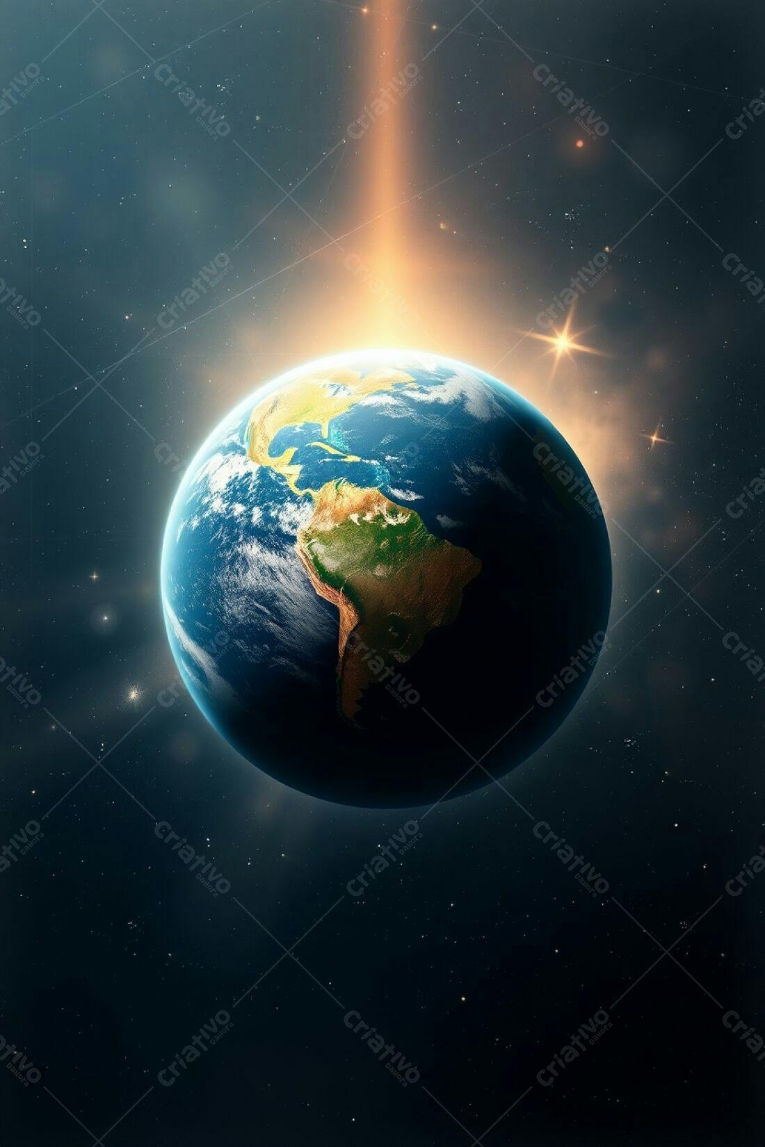 Planeta Terra vista do espaço com raios de luz