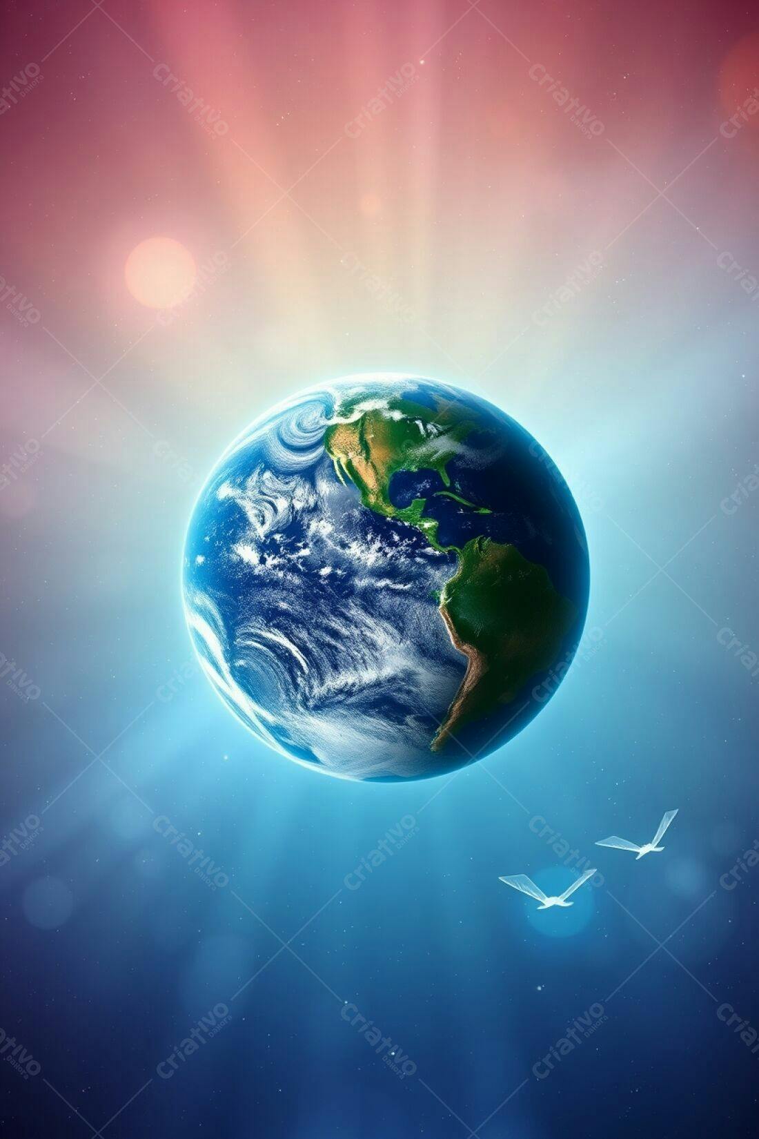 Planeta Terra vista do espaço com pássaros