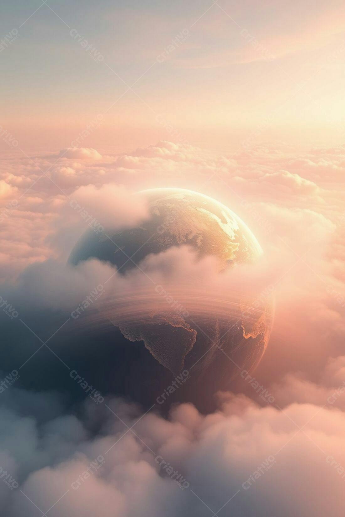Planeta Terra em Nuvens Rosa ao Amanhecer
