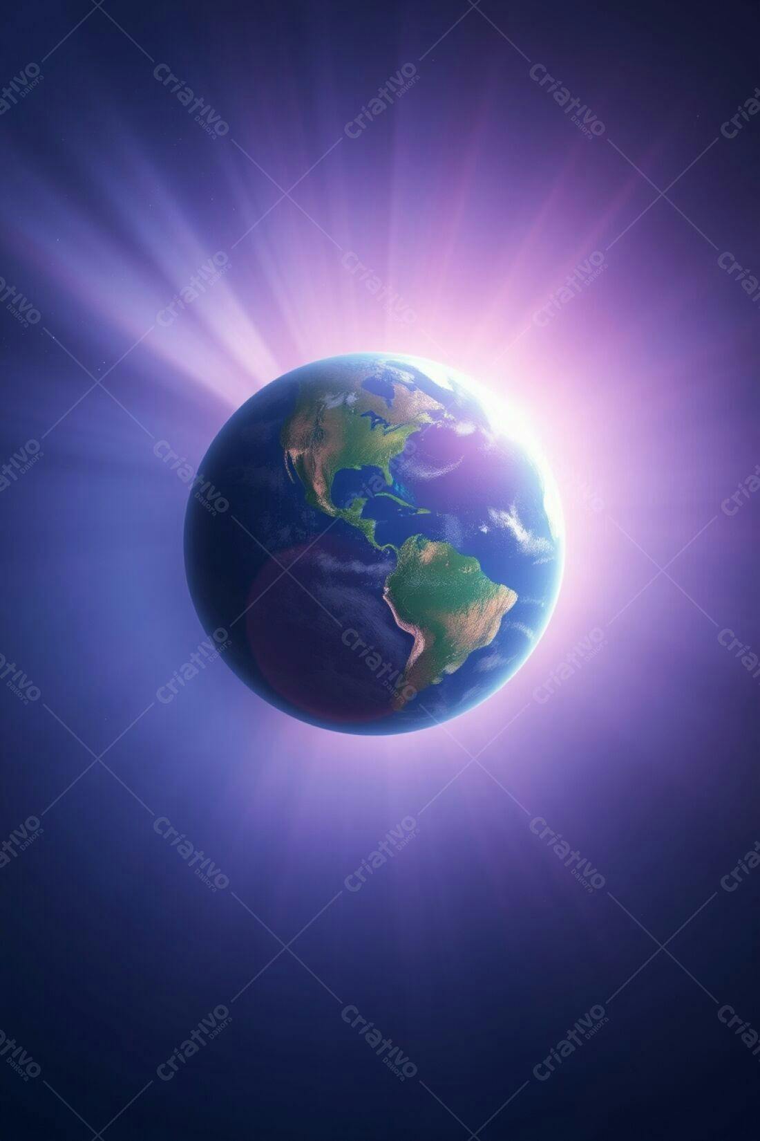 Planeta Terra com raios de luz violeta