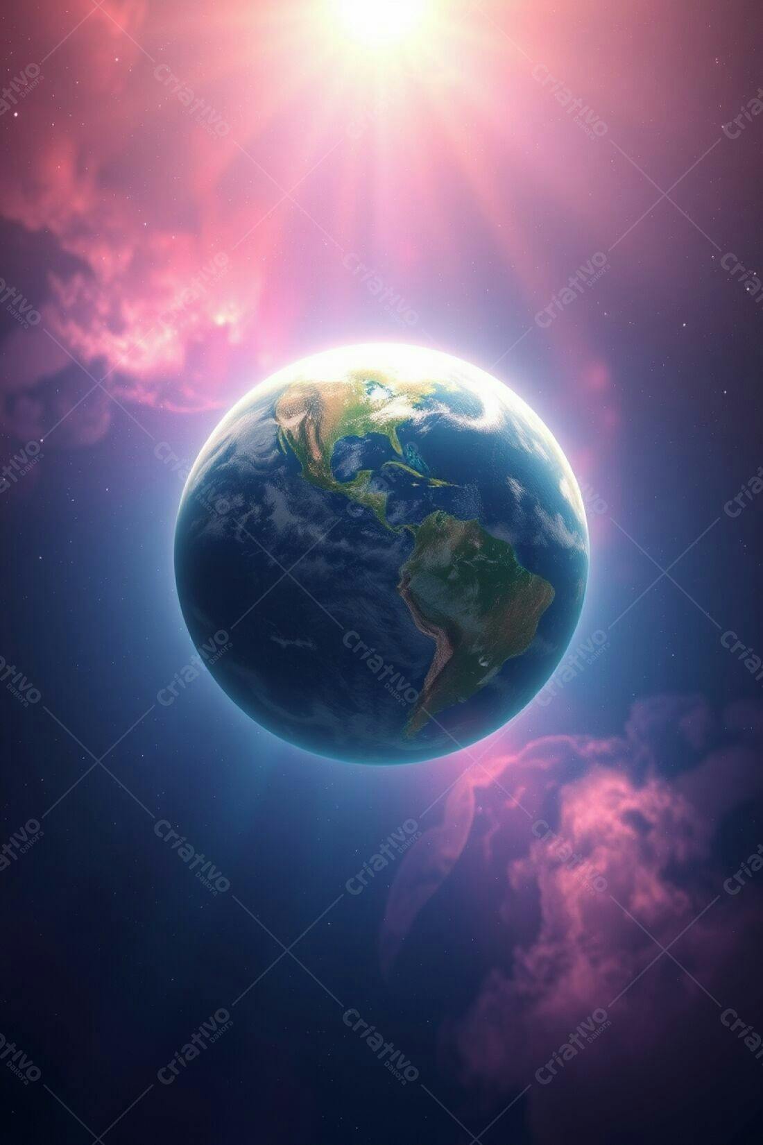 Planeta Terra vista do espaço com tons rosa e azul