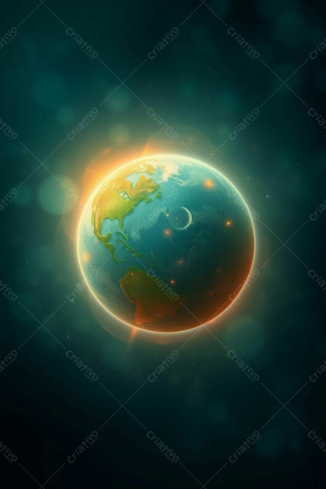 Planeta Terra vista do espaço tons azuis e laranjas