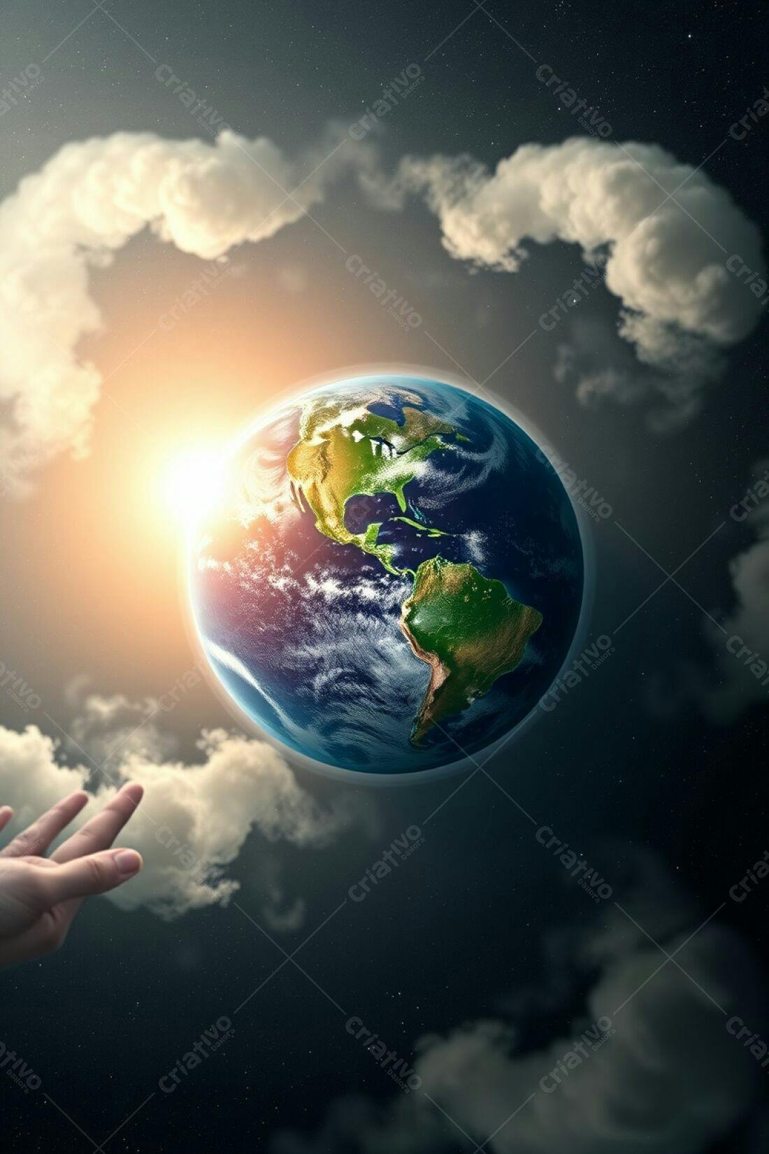 Mão quase tocando a Terra em meio a nuvens
