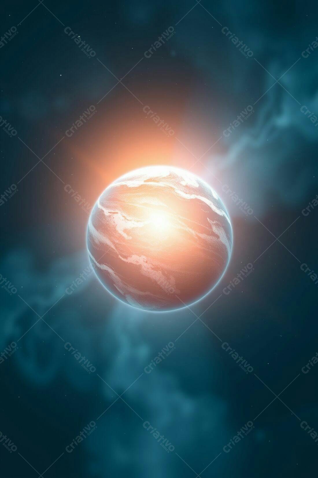 Planeta alienígena com brilho laranja e azul