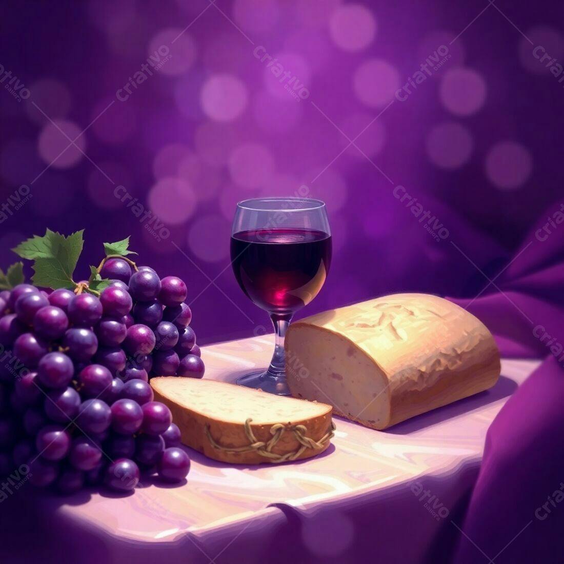 Uvas, pão e vinho tinto em mesa roxa