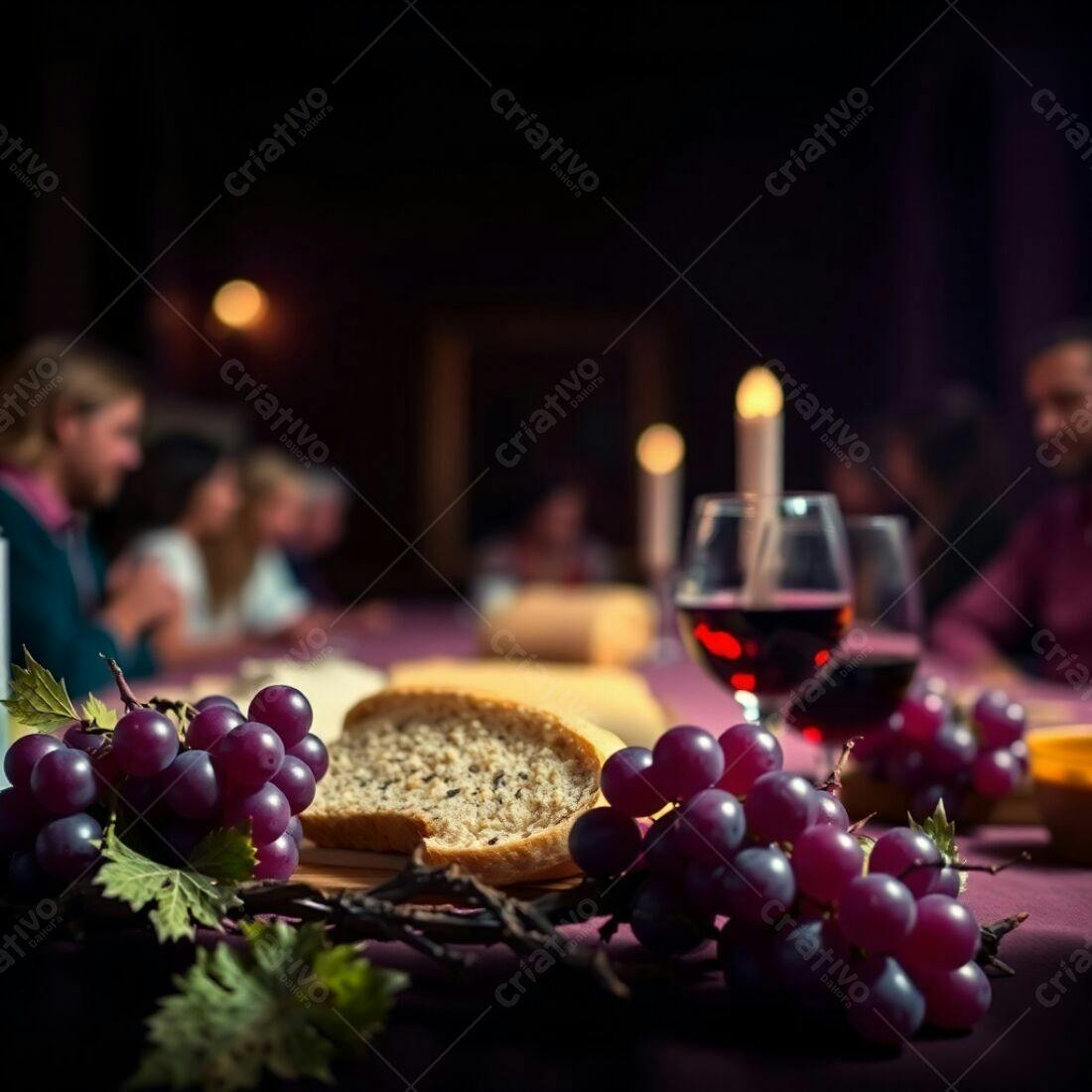 Ceia com pão uvas e vinho tinto
