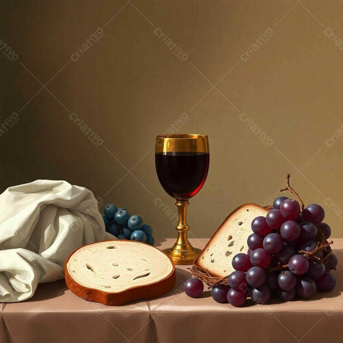 Natureza morta com pão, uvas e vinho