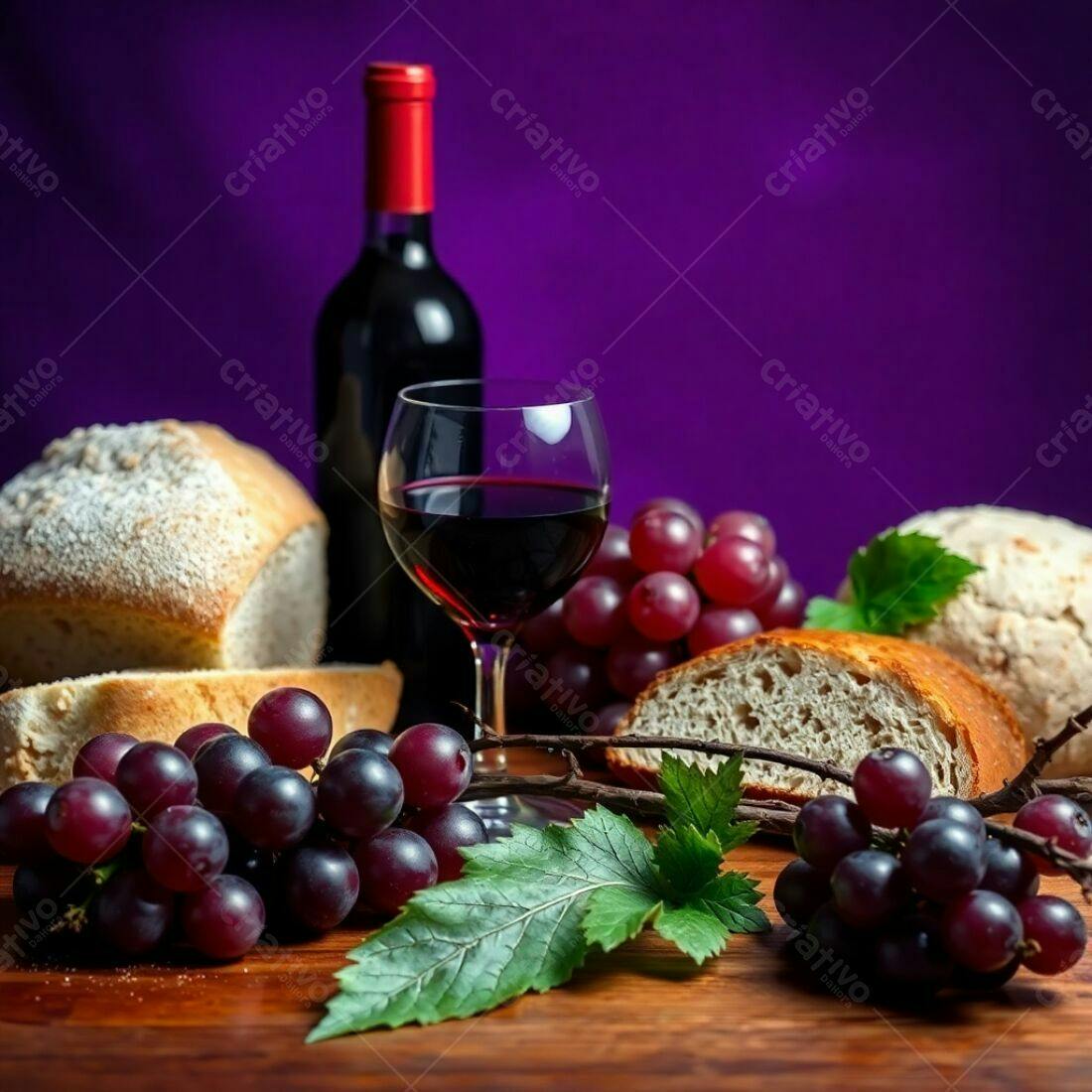 Vinho tinto uvas e pão sobre mesa de madeira