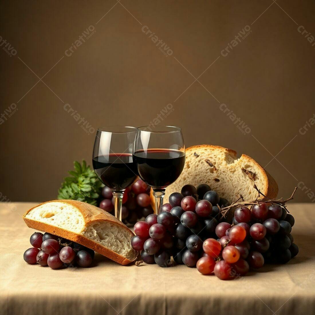 Vinho tinto pão e uvas em mesa rústica