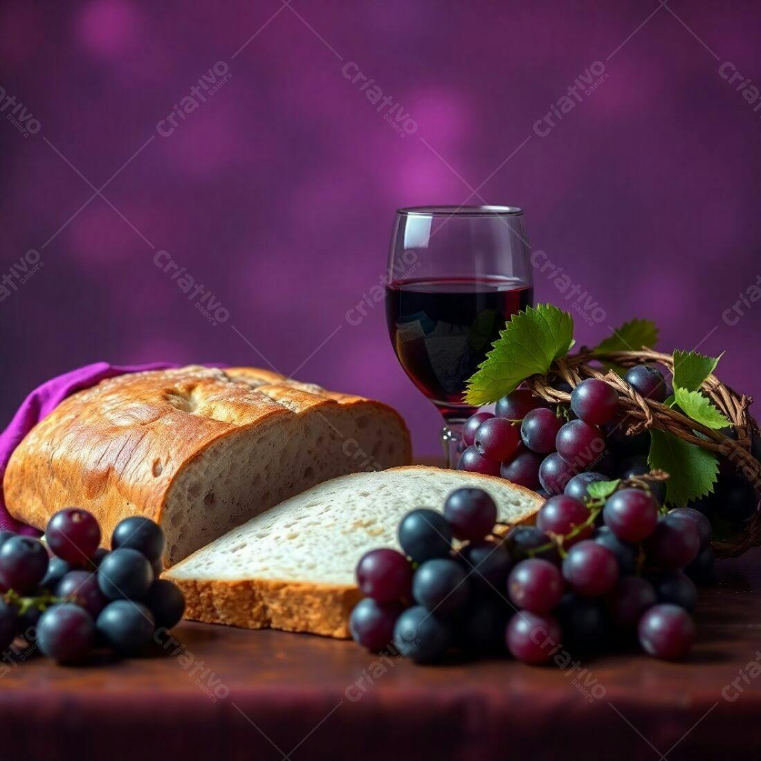 Pão vinho e uvas mesa roxa