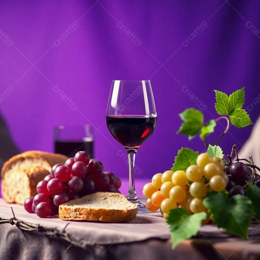 Taça de vinho tinto uvas e pão fundo roxo