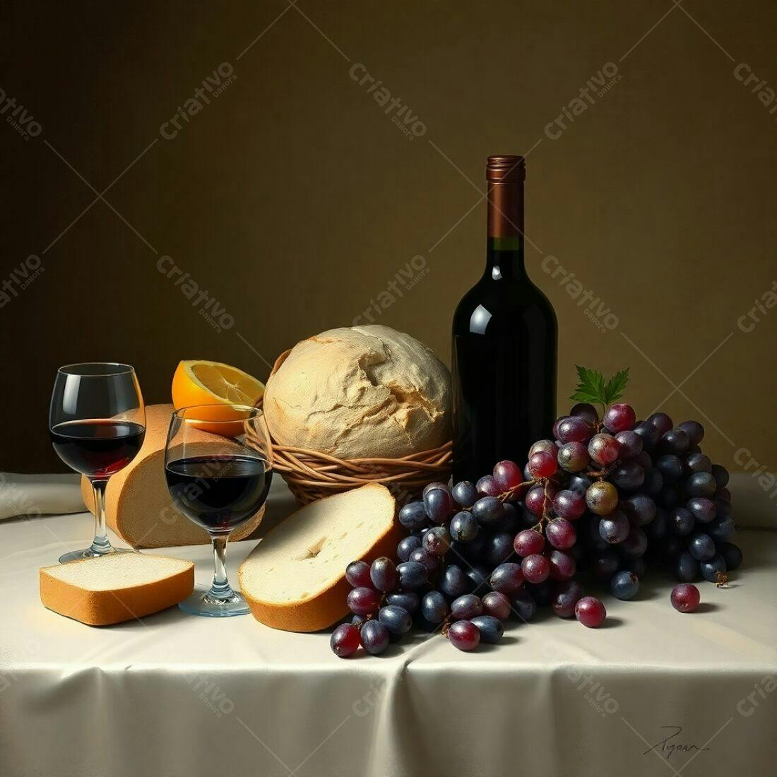 Natureza morta com vinho tinto pão e uvas