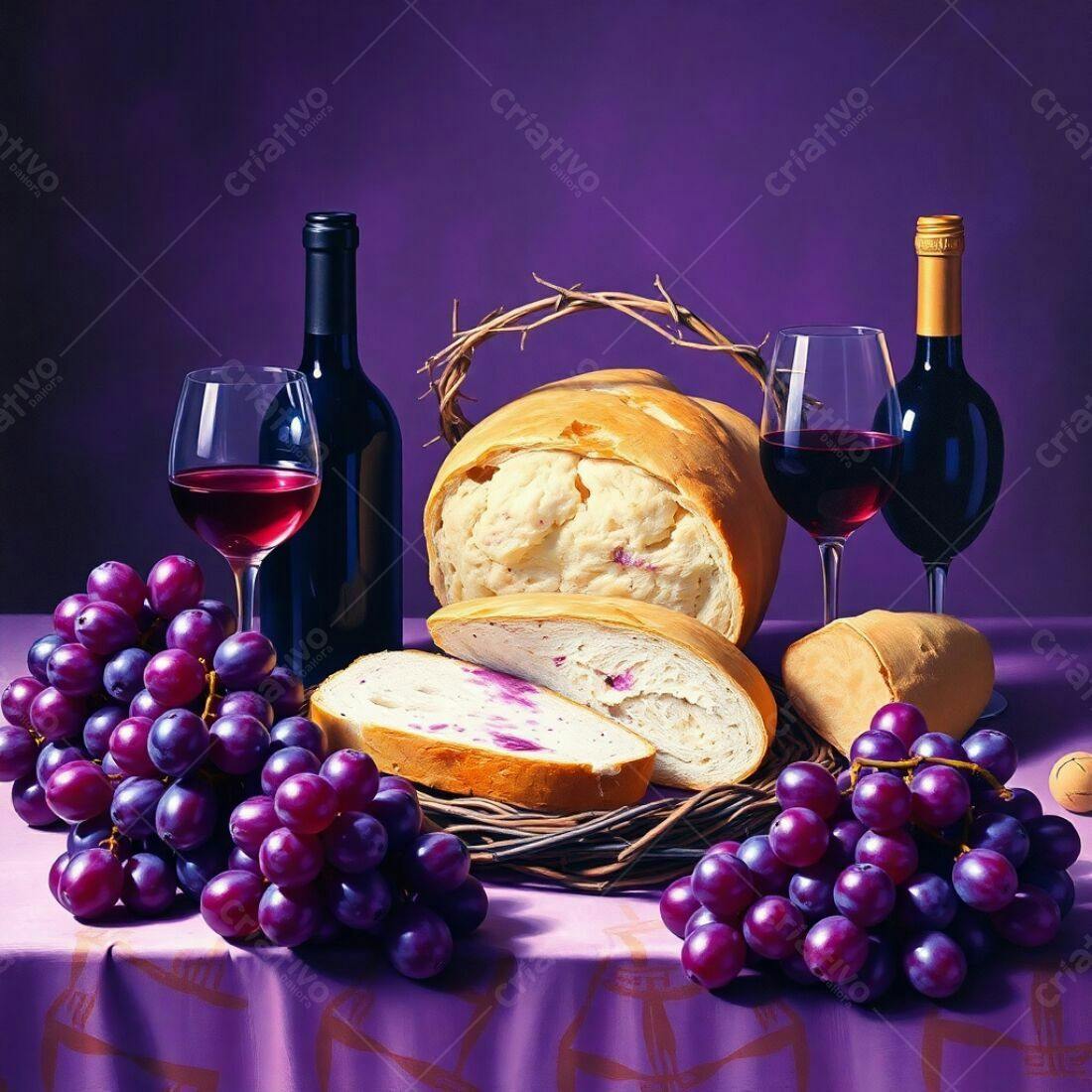 Pão vinho uvas roxas mesa roxa