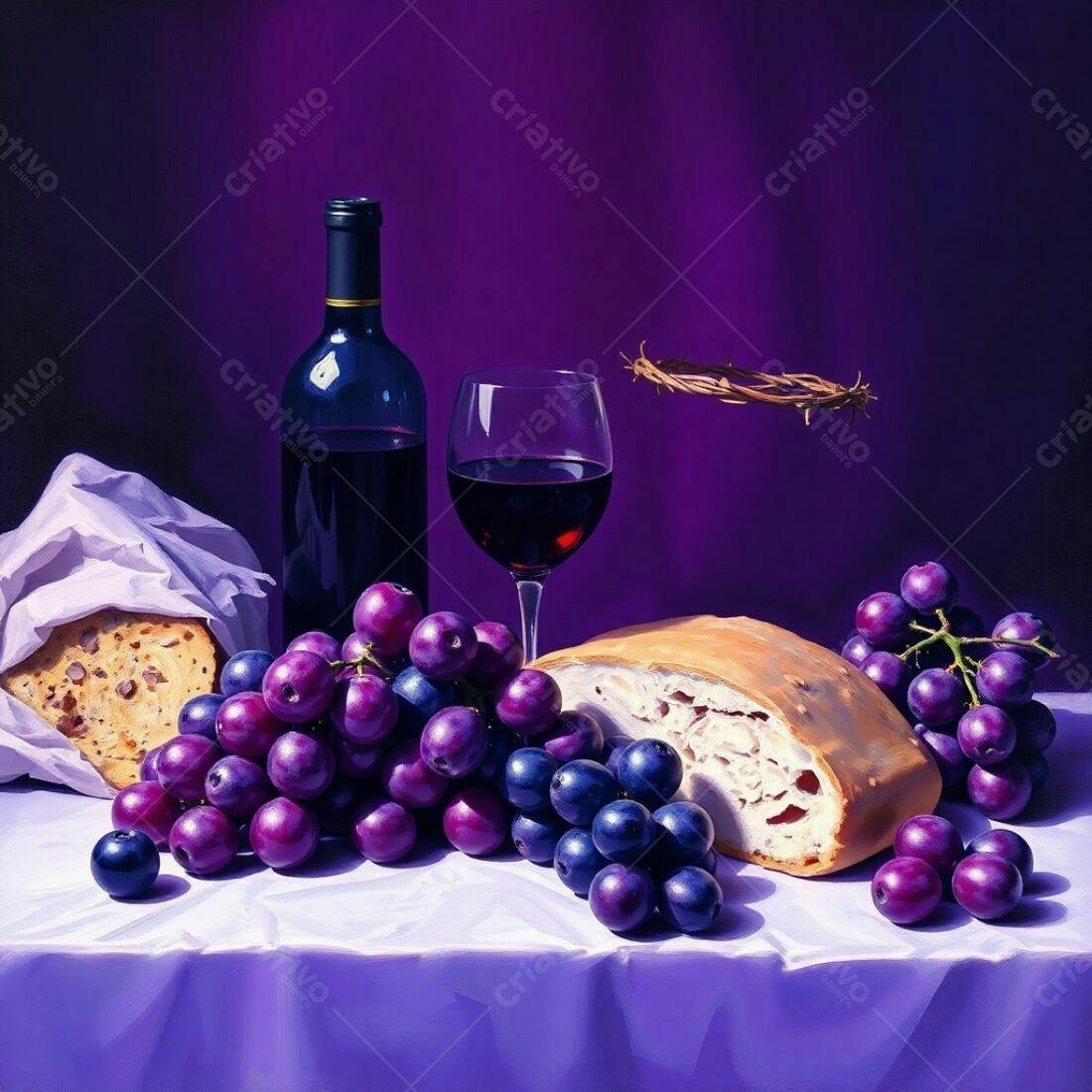 Natureza-morta com vinho, pão e uvas roxas
