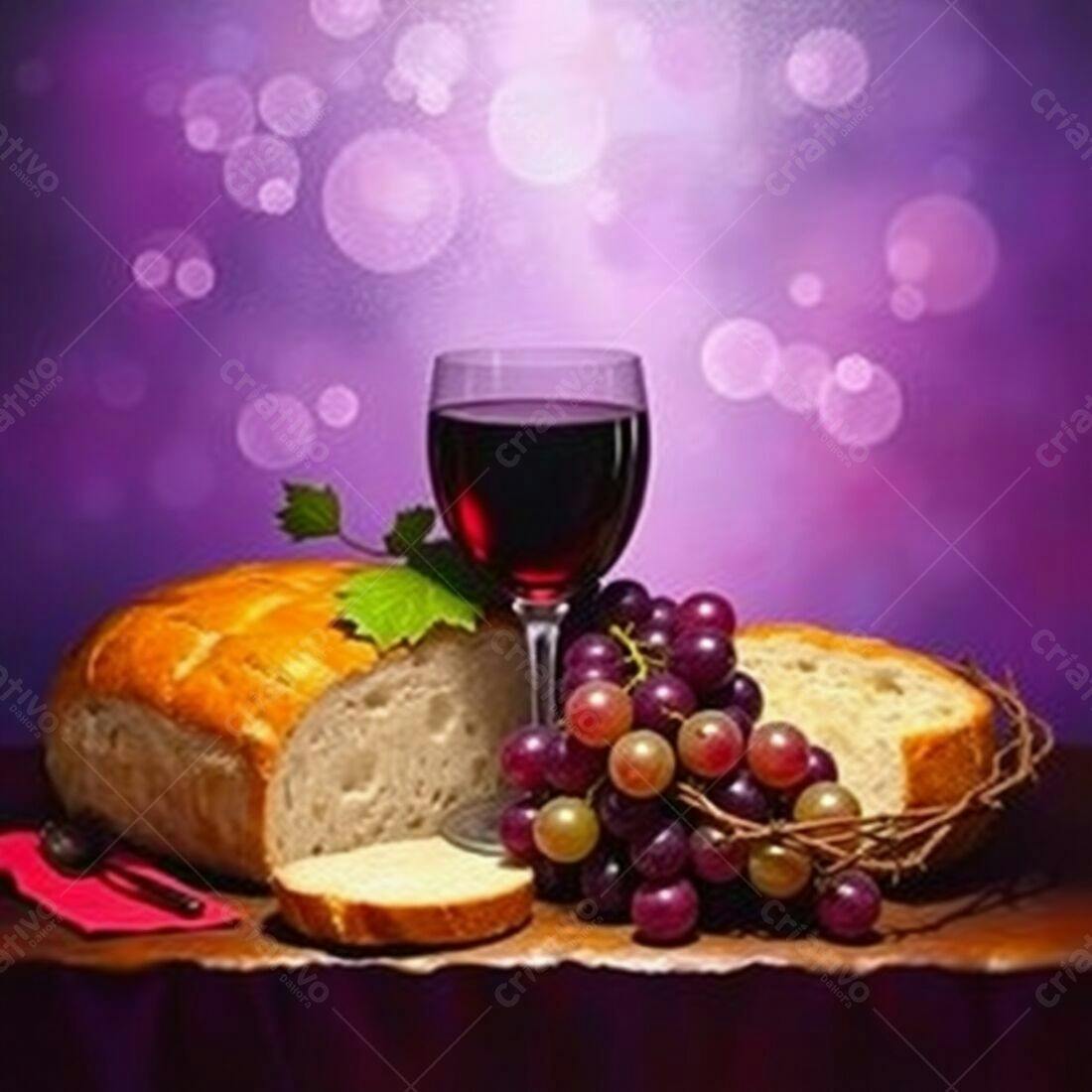 Pão vinho e uvas em fundo roxo