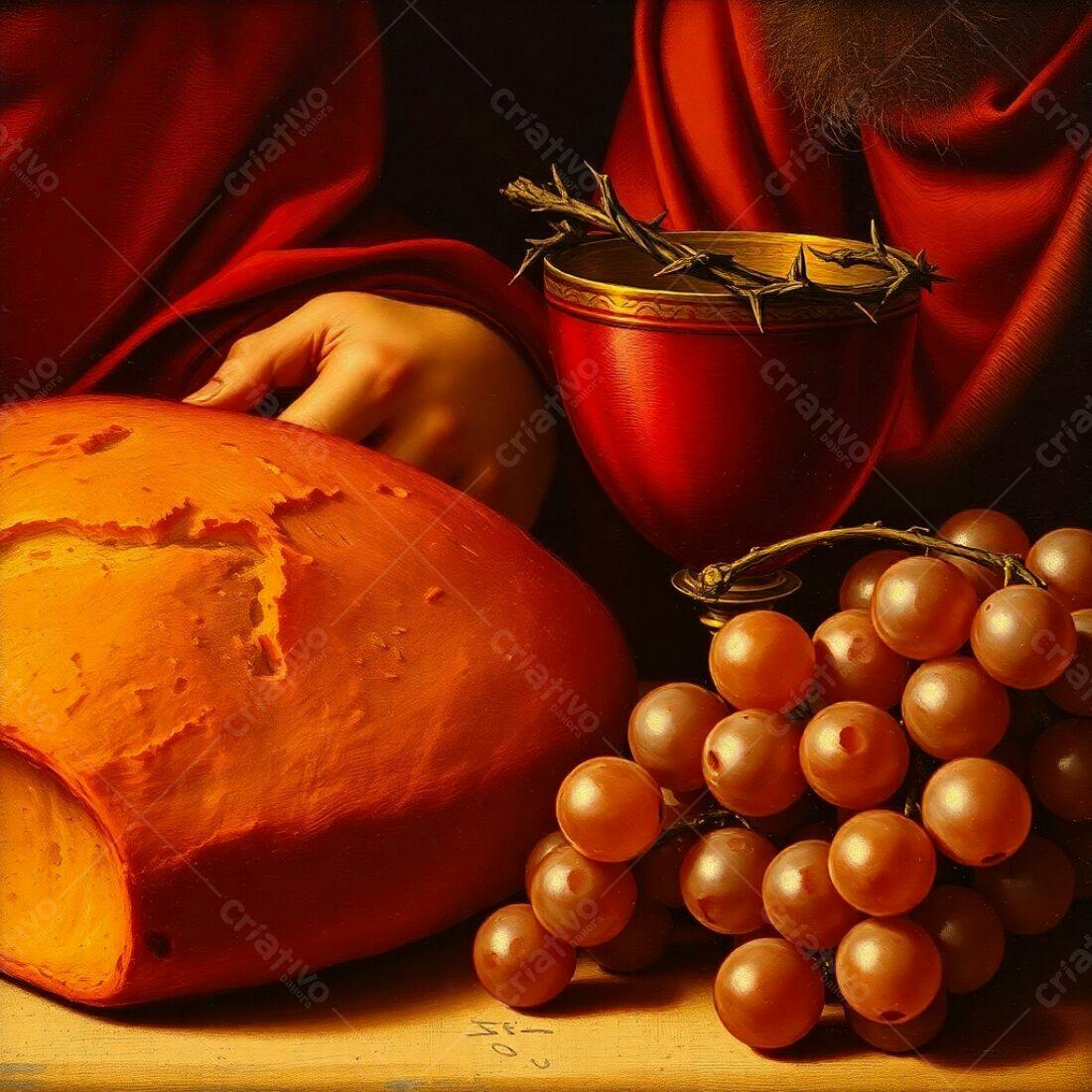 Pão, vinho e uvas em pintura renascentista