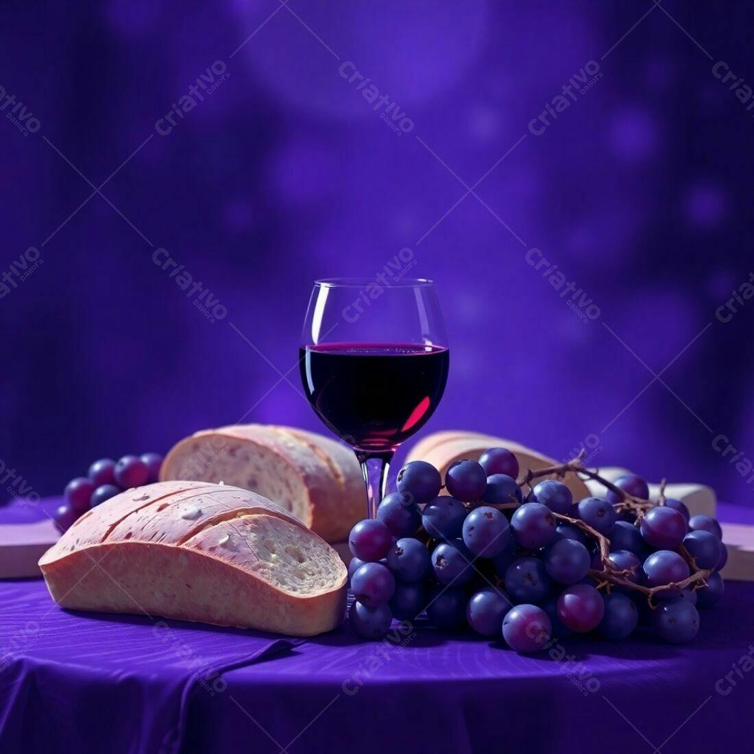 Pão vinho e uvas em mesa roxa