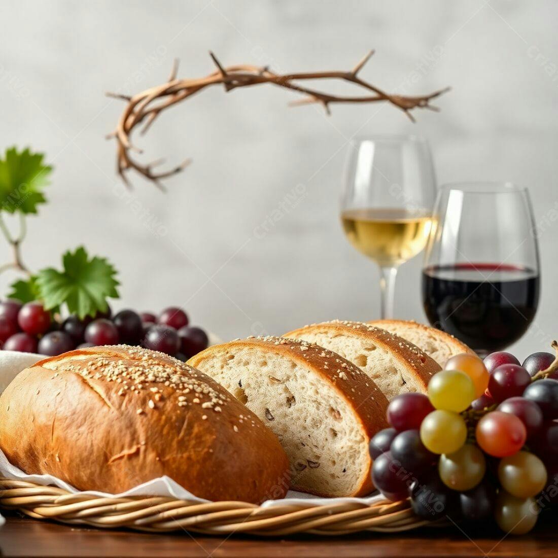 Pão, vinho e uvas mesa de Ceia