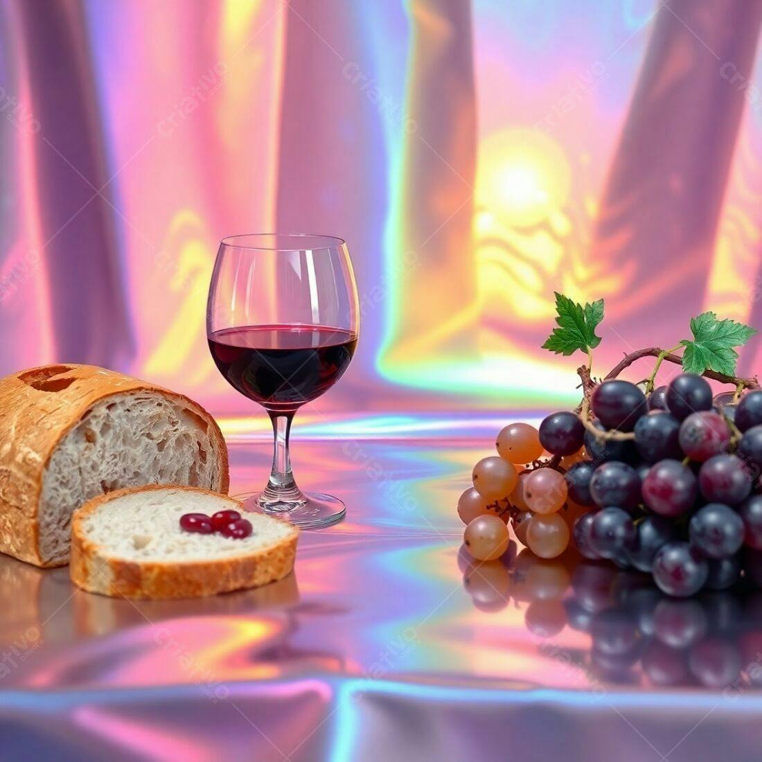 Pão vinho e uvas em fundo holográfico