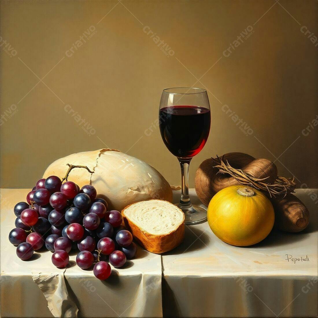 Natureza morta com vinho tinto uvas e pão