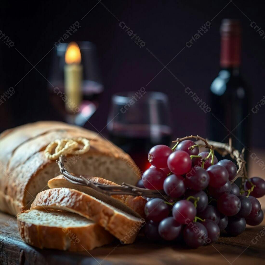 Pão e uvas com vinho tinto