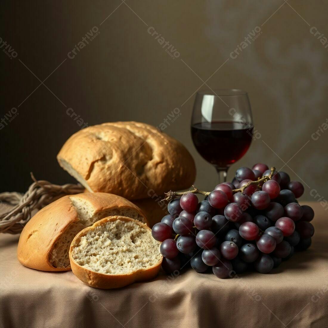 Pão, vinho e uvas em mesa rústica