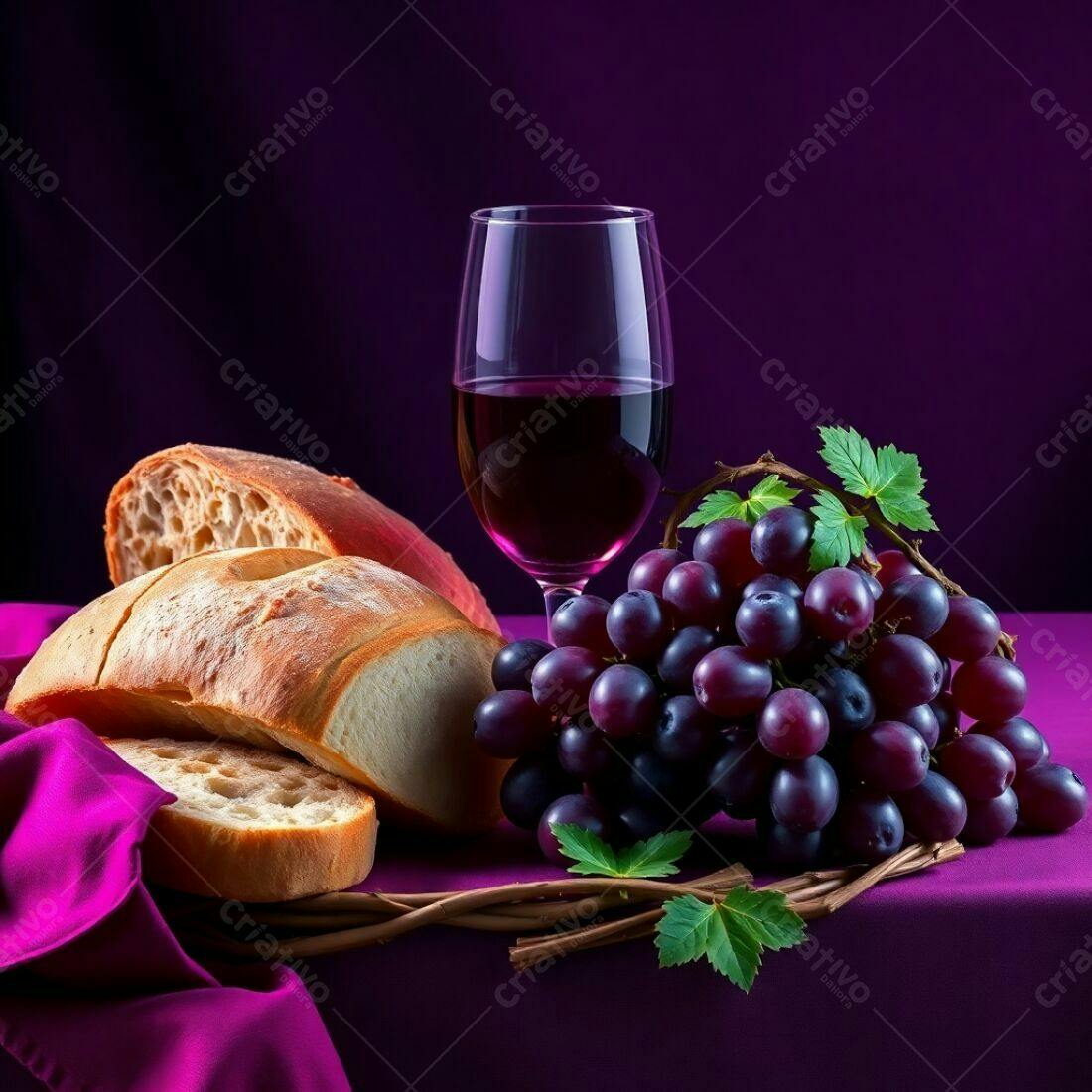 Uvas vinho pão e taça sobre fundo roxo