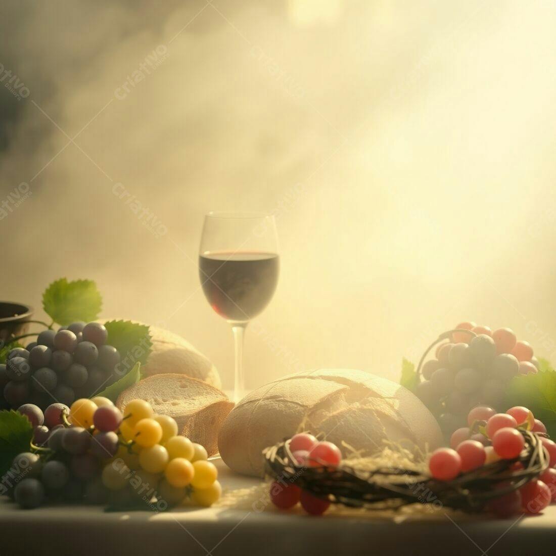 Pão, vinho e uvas em mesa iluminada