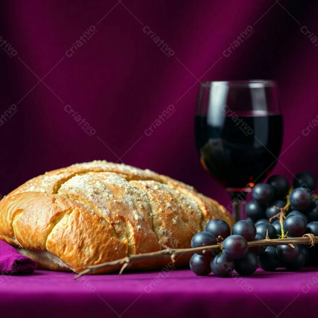 Pão, vinho e uvas em mesa roxa