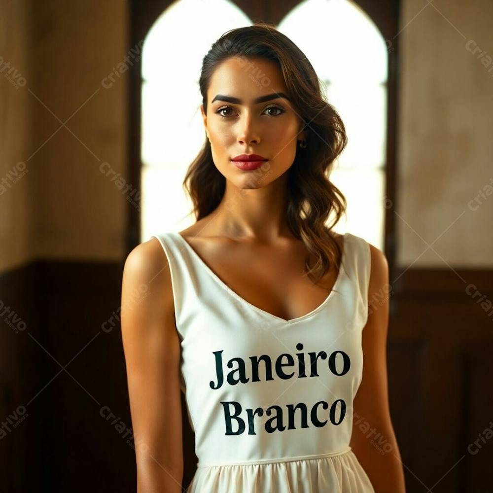 A Professional Fine Art Photograph, Associated Press Style, Featuring A Woman In A White Dress Representing The Janeiro Branco Campaign. Warm, Slightly Dark Tones With Soft, Gentle Lighting. Natural Earth Tones, Brow