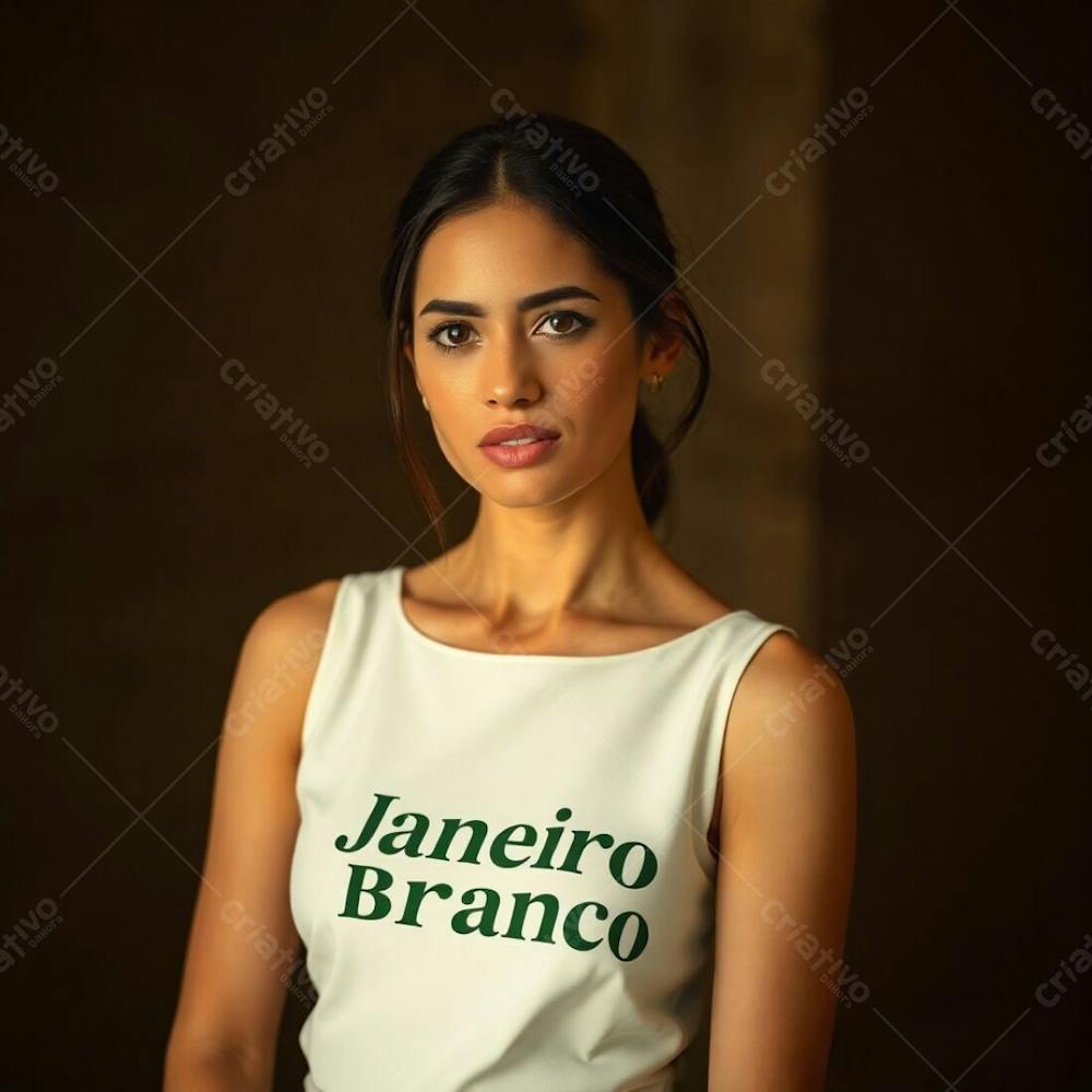 A Professional, Fine Art Photograph In Warm, Slightly Dark Tones. A Woman In A White Dress, Representing The Janeiro Branco Campaign, Is The Subject. The Lighting Is Soft And Gentle, With Natural Earth Tones, Browns,