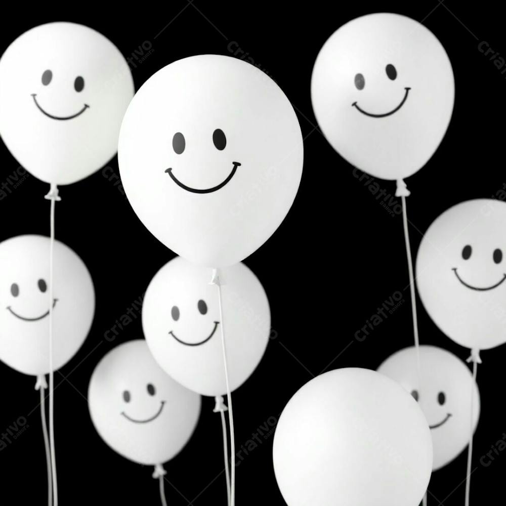 A High Resolution Stock Photo Depicting 3D Rendered White Balloons, Each With A Simple Drawn Smiling Emoji, Set Against A Solid Black Background. The Image Employs A Soft Cinematic Haze Effect, Showcasing Vibrant