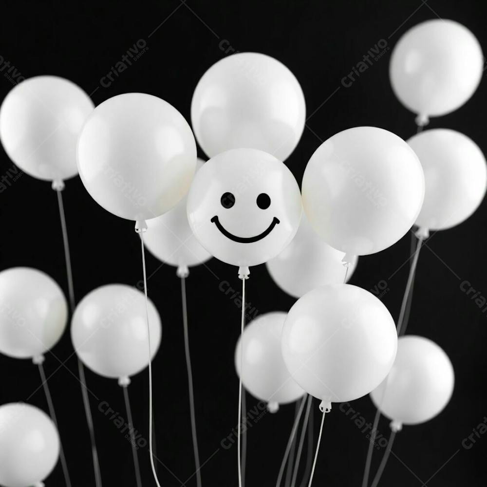 A High Resolution Stock Photo Of White 3D Rendered Balloons With A Simple Smiling Emoji, Set Against A Solid Black Background. The Image Features A Soft Cinematic Haze, With Vibrant, Complementary Colors, Balance