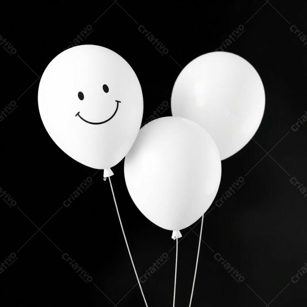 A Professional Quality, High Resolution Stock Photo Showcasing 3D Rendered White Balloons Adorned With A Hand Drawn Smiley Emoji. The Balloons Are Sharply Focused Against A Completely Black, Softly Hazy Background