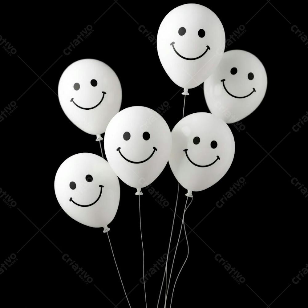 Commercial Quality High Resolution Stock Photo 3D Rendered White Balloons, Each Displaying A Hand Drawn Smiling Emoji, Are Presented Against A Stark Black Backdrop. Soft Cinematic Haze, Balanced Tones, Vibrant Co